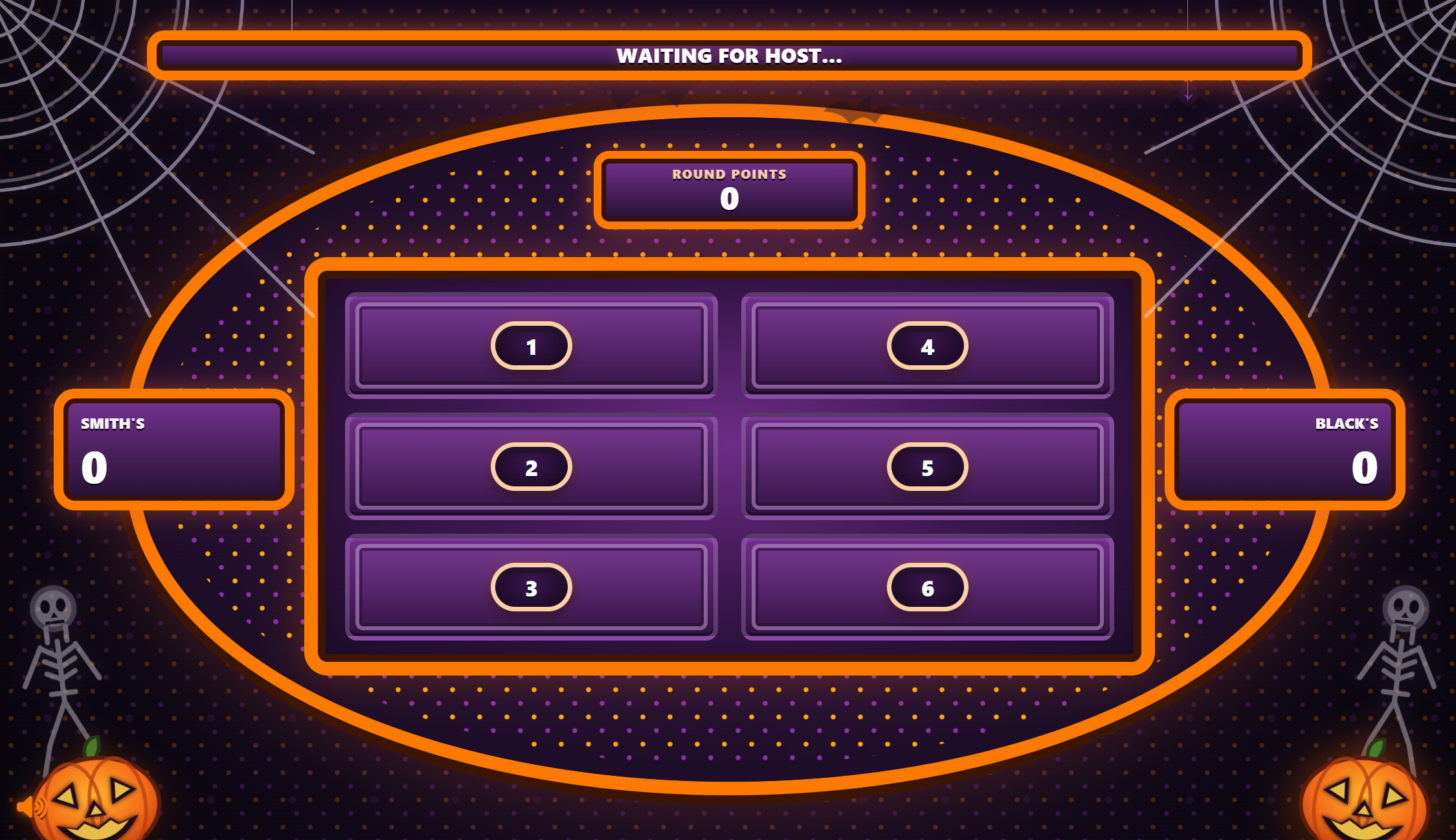 Halloween Family Feud game board in Familio Games with pumpkins, spider webs and themed game-show graphics