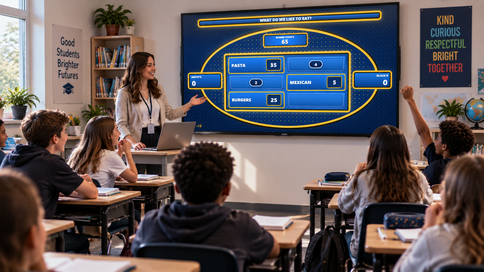 Students playing a Family Feud-style classroom game with Familio Games