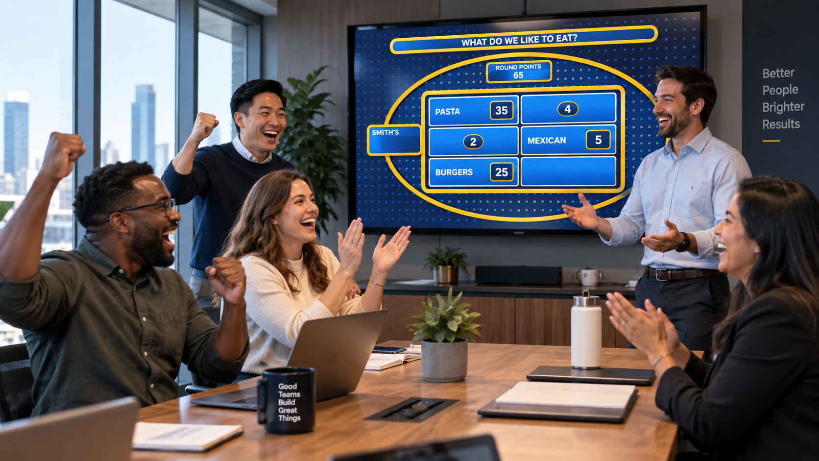 Coworkers playing a Family Feud-style team building game during a corporate event